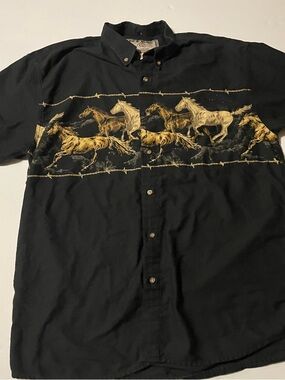 Bit & Bridle Black Button-Down Shirt with Gold Horse Print